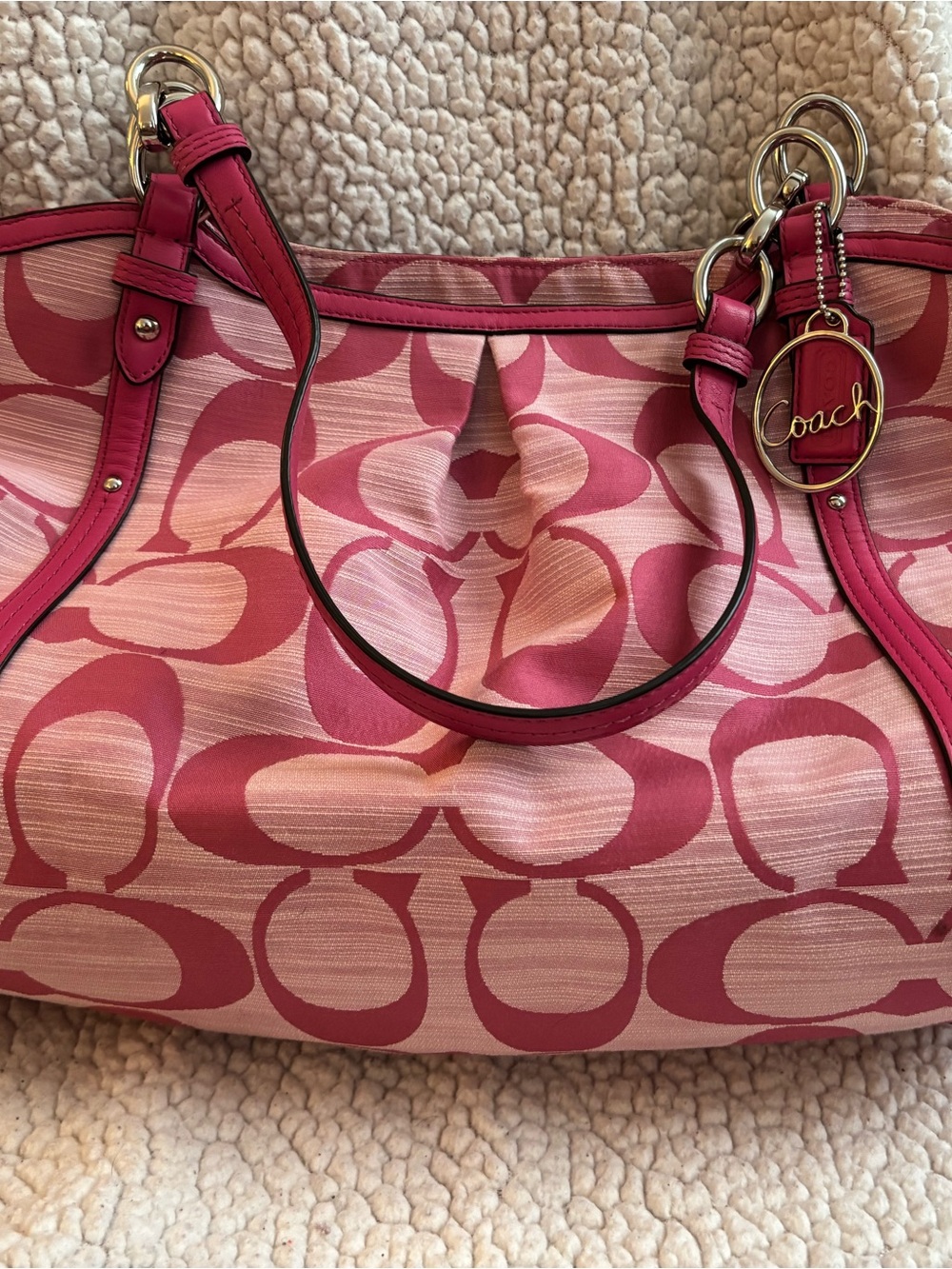 Coach Alexandra Pink Signature Canvas Tote with Gold Charm